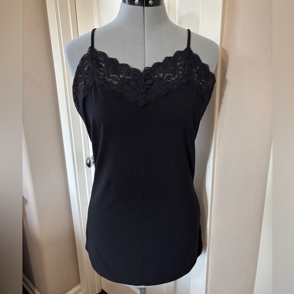 Lace Trim / Cotton & Spandex Garnet Hill Tank Top, Adjustable, Black, Size M